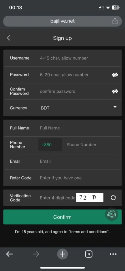 Baji999 Live Android apk signup page